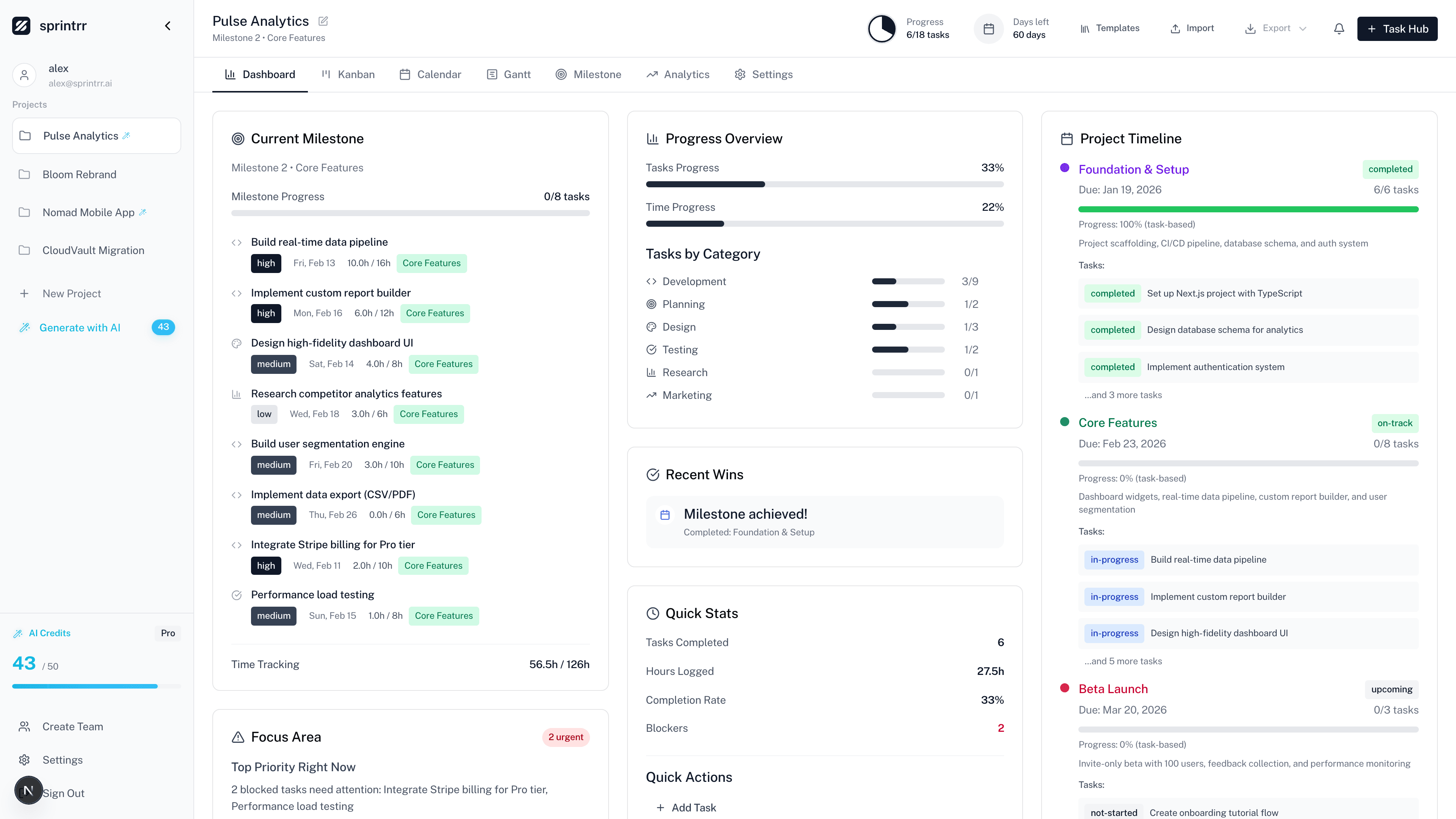 Dashboard overview with milestones, tasks, and progress