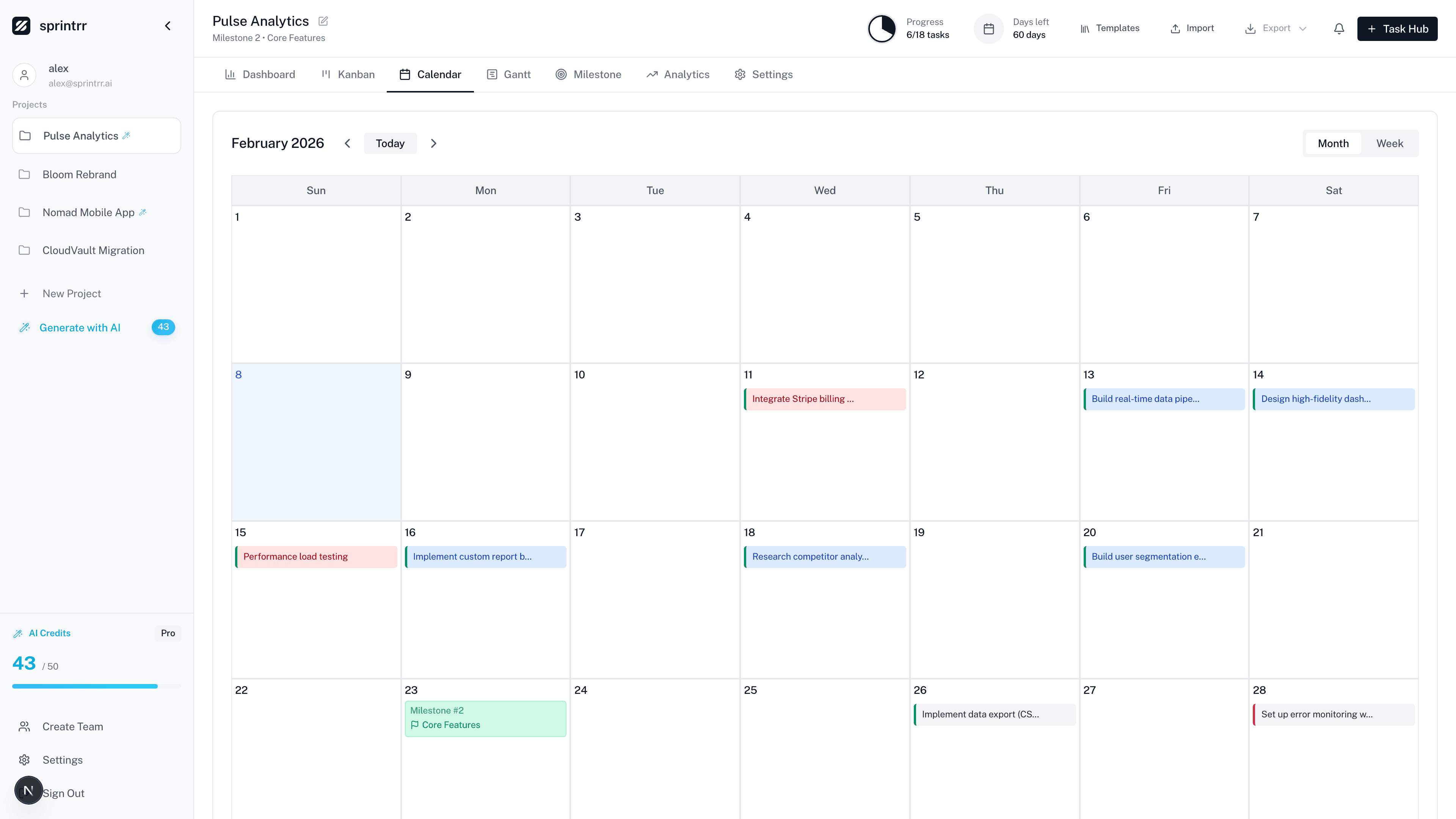Monthly calendar view with tasks and milestones